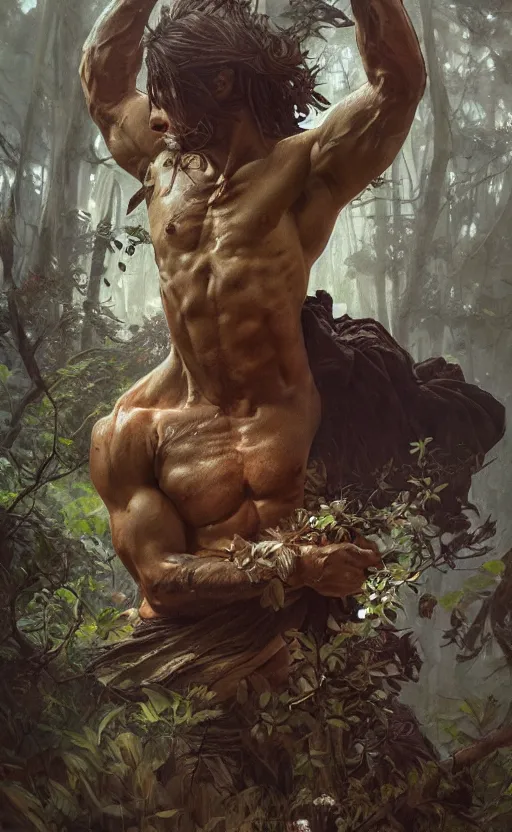 Image similar to god of the forest, 3 0 years old, rugged, handsome, male, detailed face, clean lines, atmospheric lighting, amazing, full body, flowers, muscular, intricate, highly detailed, digital painting, artstation, concept art, sharp focus, illustration, art by greg rutkowski and alphonse mucha