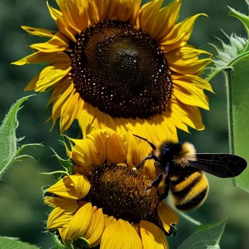 Prompt: a giant bumblebee landing on a massive sunflower in a sea of sunflowers
