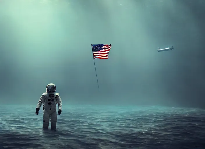 Image similar to astronaut holding a flag in an underwater desert. a submarine is visible in the distance. dark, concept art, cinematic, dramatic, atmospheric, 8 k, trending on artstation, blue, fish, low visibility, fog, ocean floor, christopher nolan, interstellar