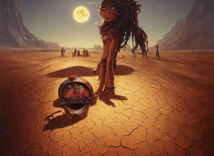 Image similar to a forgotten garden gnome surviving in a vast barren desert, hopeless wasteland background with a relentless raging sun overhead, hot, oppressive, an ultrafine detailed painting by by karol bak and filip hodas, trending on deviantart, pop surrealism, whimsical, lowbrow, perfect symmetrical face