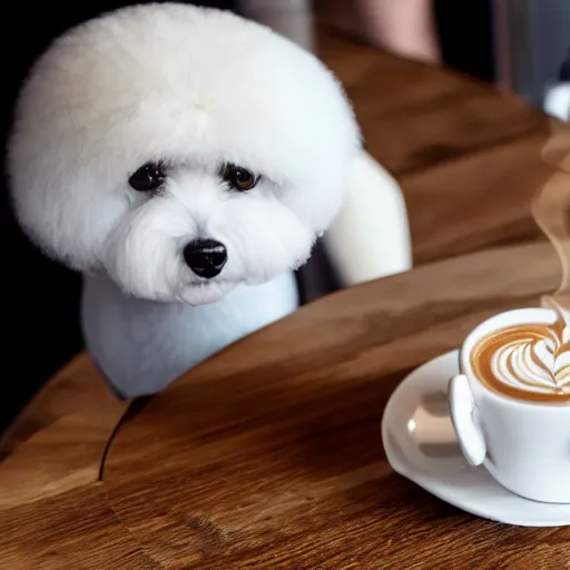 Image similar to a closeup photorealistic photograph of barista drawing bichon frise shaped latte art in a cup. professional capture, well lit shot. this 4 k hd image is trending on artstation, featured on behance, well - rendered, extra crisp, features intricate detail, epic composition and the style of unreal engine.