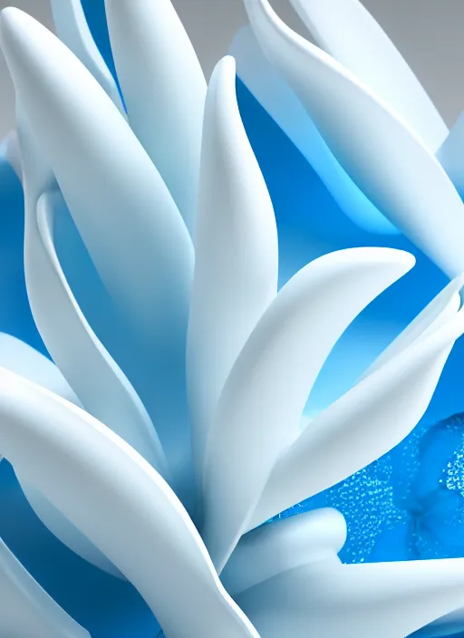 Image similar to blue perfume standing in white enchanted sprarse blue flowers, in an ivory room well contoured smooth fair walls, up close shot, sharp focus, zen, clean, modern minimalist, zaha hadid octane highly render, 4 k, ultra hd,