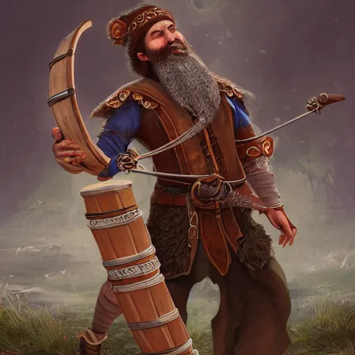 Image similar to Protean (D&D) bearded bard holding a drum, ornately dressed, standing in populated Baldur\'s Gate city square, hyperdetailed, artstation, cgsociety, 8k