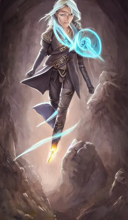 Prompt: cute whimsical half - elf sorcerer rogue running leaving a trail of lightning, brown leather tunic, ( ( ( ( ( ( chris pratt ) ) ) ) ) ), light grey - blue hair, d & d, fantasy, portrait, highly detailed, digital painting