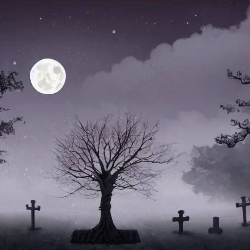 Prompt: a lonely graveyard at night, the moon shine is falling on a specific grave with a sakura tree beneath it, by aleksandra waliszewska, high detail concept art, cinematic atmosphere