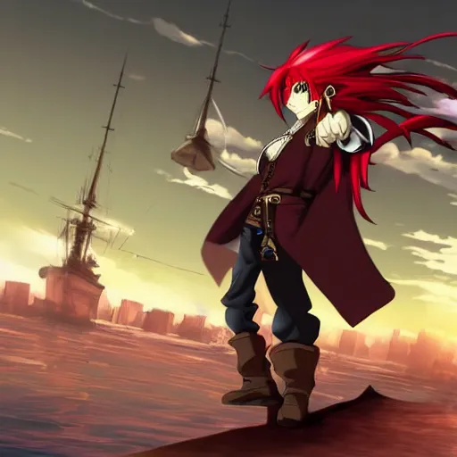 Image similar to male sky-pirate with long red hair in front of a steampunk airship, full metal alchemist, anime style