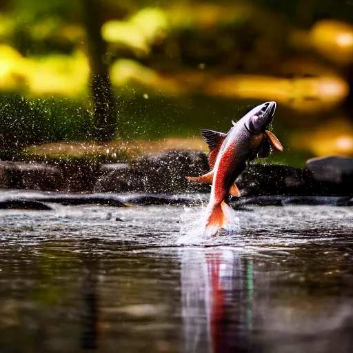 Prompt: movie still of a salmon jumping from a river, splash art, photorealistic features, cinematic lighting, dramatic, octane render, long lens, shallow depth of field, bokeh, anamorphic lens flare, hyper detailed, 3 5 mm film grain