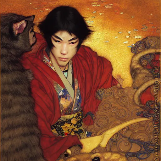 Image similar to a portrait of a male splinter ninja hamato yoshi in a red kimono in the sewers. furaffinity furry art detailed face painting by gaston bussiere craig mullins jc leyendecker gustav klimt artgerm greg rutkowski furry