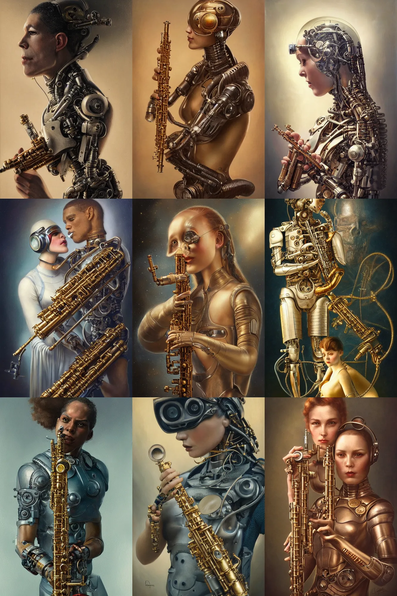 Prompt: a beautiful ultradetailed vintage photo of cyborg playing an oboe, by tom bagshaw and anna dittman, couples portrait, vignette, 3 5 mm lens, golden ratio composition, detailed faces, studio photography, very detailed, humanoids, industrial robots, artstation, 8 k, highly coherent