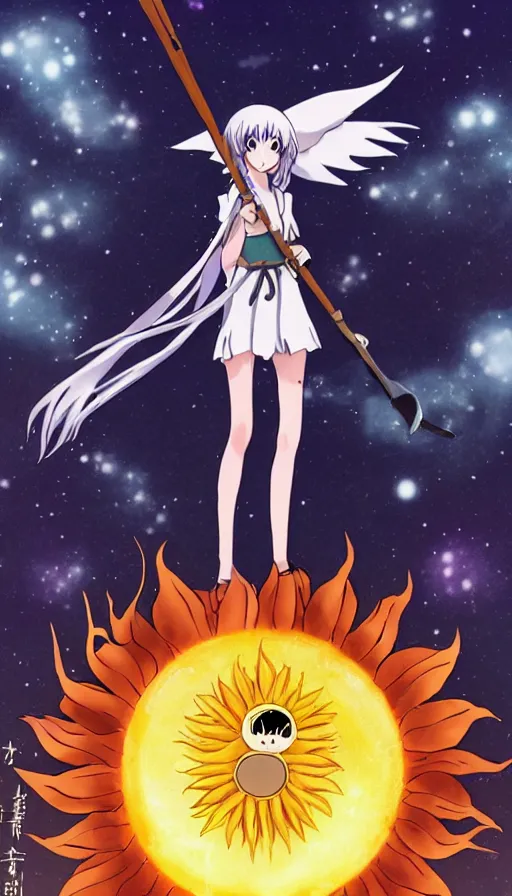 Prompt: the being death as a cute anime girl with a giant cute sun flower scythe from a studio ghibli film inspired by the death tarot card