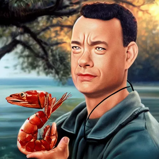 Image similar to tom hanks as forrest gump with a giant shrimp around the neck, photorealistic, cgsociety, artstation