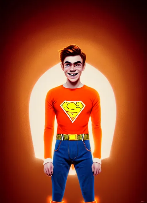 Image similar to friendly teenage archie andrews wearing an orange superhero costume with heart logo, freckles, superhero costume, heart emblem on chest, cape, intricate, elegant, glowing lights, highly detailed, digital painting, artstation, sharp focus, illustration, art by wlop, mars ravelo and greg rutkowski