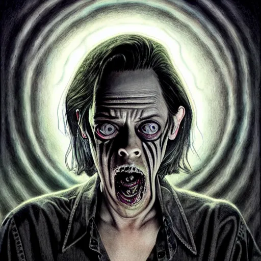 Image similar to disturbing grunge still of a lovecraftian demon infested steve buscemi, crayon horror art in dark and muted colors, by arthur adams, by tom bagshaw, by mike allred, by kikuchi hideyuki