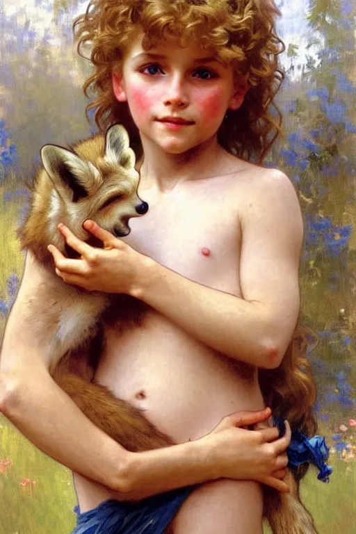 Prompt: a seven - year old with curly light - dirty - blonde hair, blue eyes, tan!! skin playing with foxes, painting by daniel gerhartz, alphonse mucha, bouguereau, detailed art, artstation