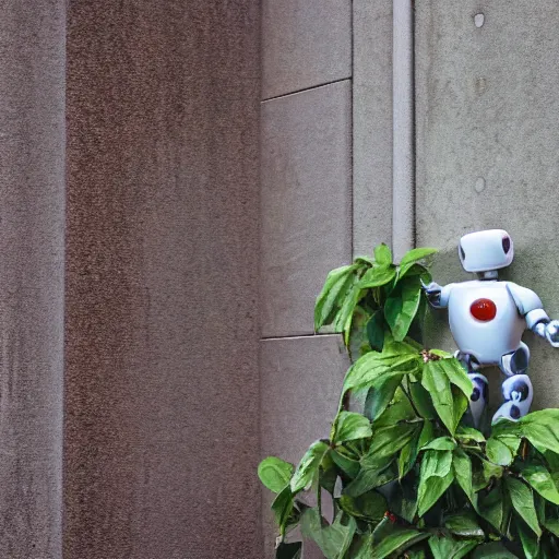 Image similar to A robot stuck in a wall, HD, plants overgrown, intricate detail