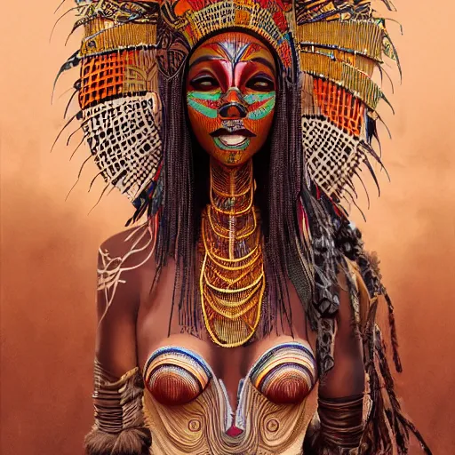 Image similar to a beautiful woman with an african mask, wearing an african dress, shaman, zulu, by alex gray and android jones, karol bak, ilya golitsyn, ayami kojima, amano, moebius, concept art, character design, fantasy, 3 d, 8 k resolution