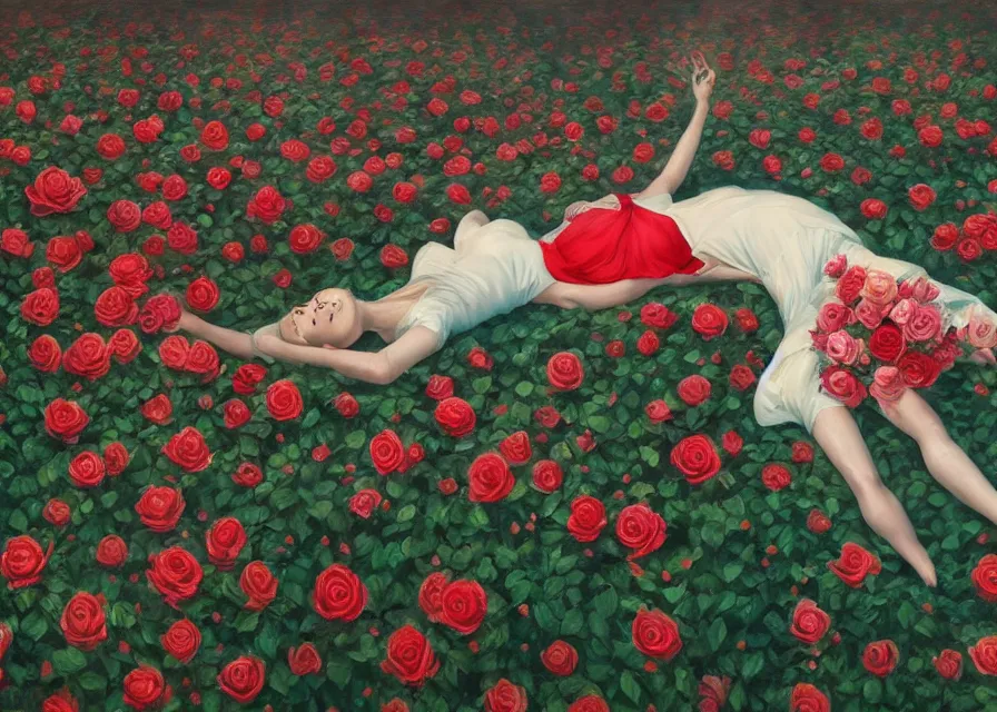 Prompt: painting of A woman laying in a sea of Roses and flora from super mario brothers, trending on ArtStation, masterpiece, by Greg Rutkowski, by Ross Tran, by Fenghua Zhong, octane, clear eyes, soft render, clear facial features, oil on canvas, moody lighting, cinematic, professional environment concept art