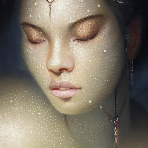 Prompt: a beautiful portrait of a pearl goddess with glittering skin by greg rutkowski and raymond swanland, trending on artstation, ultra realistic digital art