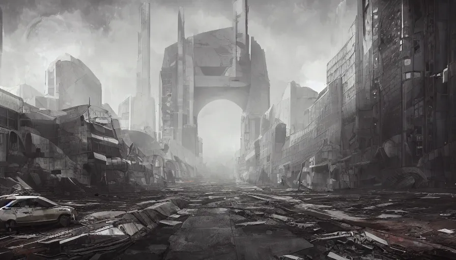 Prompt: ruins of futuristic berlin, grey sky, debris, dirty streets, hyperdetailed, artstation, cgsociety, 8 k