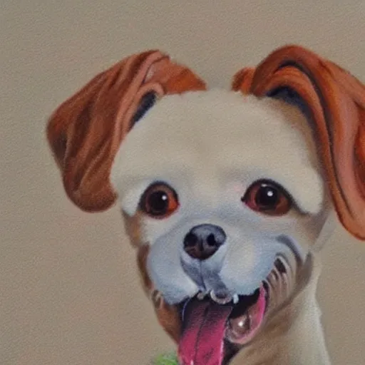 Image similar to an old painting of a sichon dog with short hair, happy with their tongue out