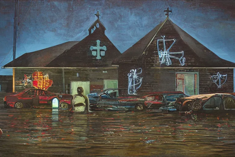 Image similar to scene fromlouisiana swamps, old protestant church with neon cross, junkyard by the road, boy scout troop, voodoo artwork by tim eitel