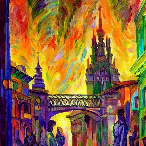 Prompt: an ethereal city travelling through time, fauvism, art nouveau, art station, Felix Kelly, johan grenier