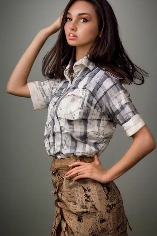 Prompt: “ beautiful gorgeous brunette model posing on the beach shirt and skirt, 1 9 6 0 ’ s fashion, 1 5 0 mm f 2. 8, face shot, hasselblad, high quality, symmetrical face, clear skin, 4 k ”