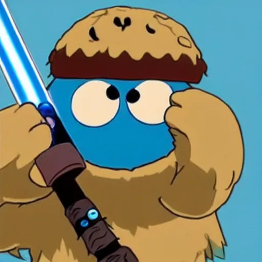 Image similar to angry cookie monster holding a lightsaber in his hand, epic anime style.