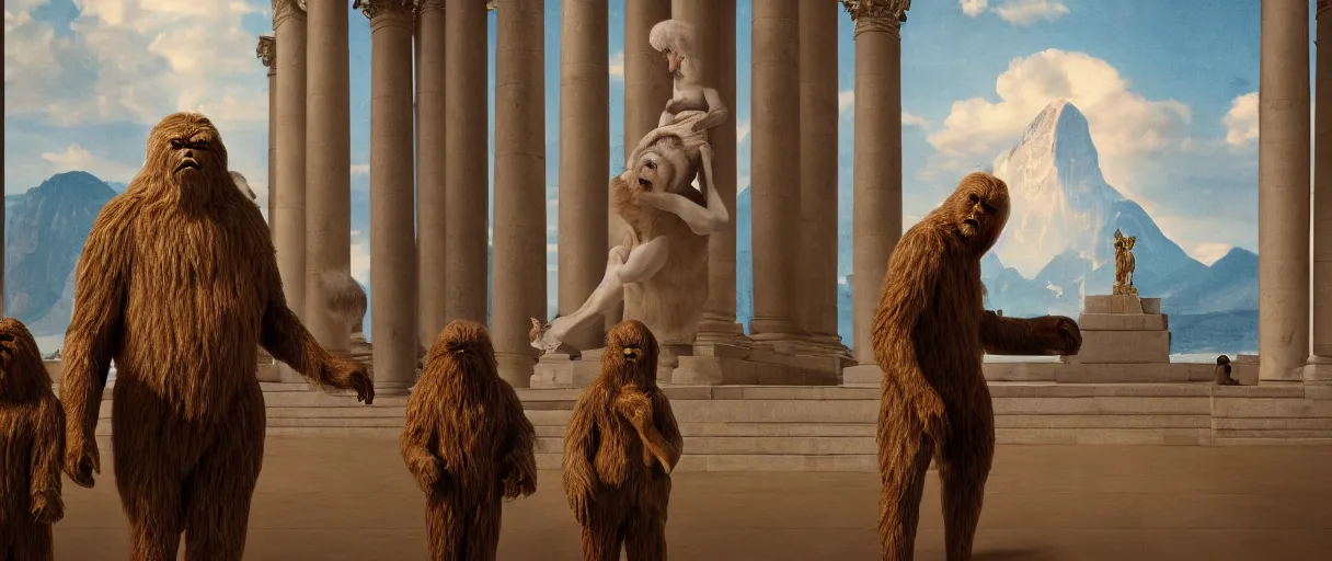 Prompt: accidentally wes anderson award - winning photograph of yeti and bigfoot visiting louvre, accidental renaissance, golden ratio, fibonacci composition, 4 k, detailed, art by greg rutkowsky, trending on artstation, cinematic lighting, filmic grain, golden hour, detailed, 4 k