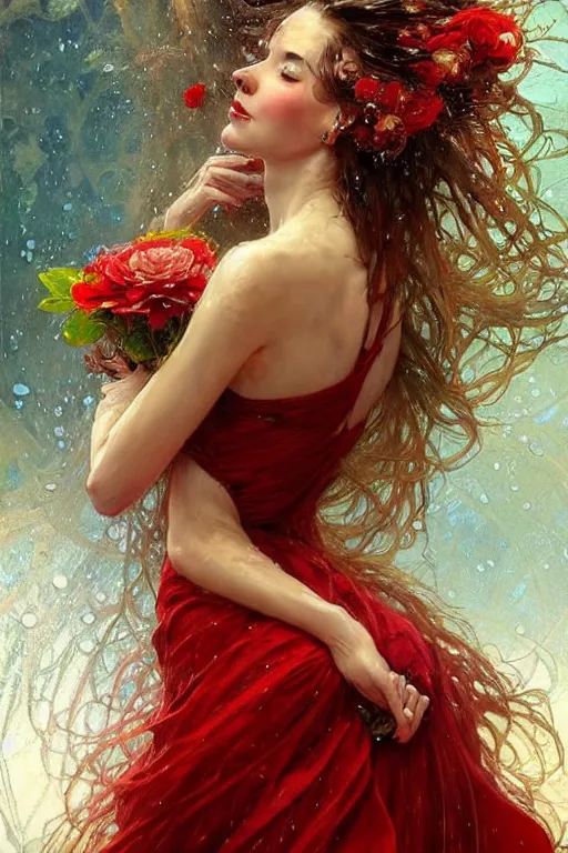 Image similar to portrait of a beautiful woman wearing a red dress, holding a bouquet of flowing flowers, drenched body, wet dripping hair, emerging from the water, fantasy, regal, fractal crystal, fractal gems, by stanley artgerm lau, greg rutkowski, thomas kindkade, alphonse mucha, loish, norman rockwell