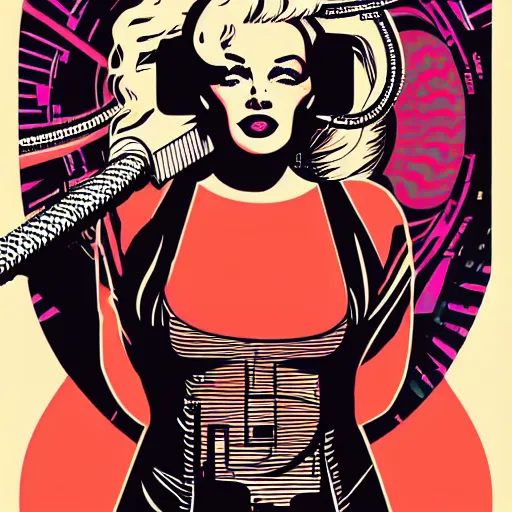 Prompt: Illustrated by Shepard Fairey and H.R. Geiger | Cyberpunk Marilyn Monroe with VR helmet, surrounded by cables