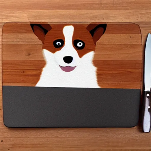 Image similar to a corgi using a cutting board