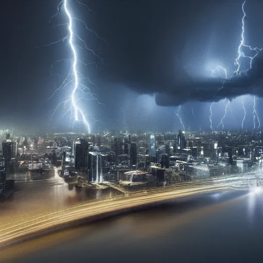 Prompt: a realistic photo of a city at night with a thunderstorm and several lightnings in the sky, highly detailed, ultra realistic, 8 k, giger