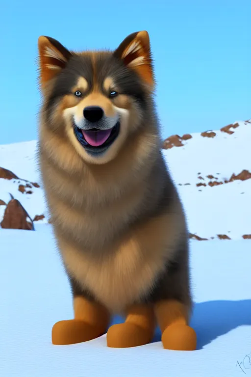 Image similar to happy finnish lapphund dog, wearing a crown, playing in the snow, pixar, disney, 4 k, 3 d render, funny, animation, movie, oscar winning, trending on artstation