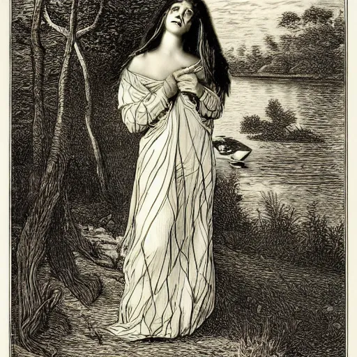 Image similar to a beautiful woman at a lake, illustration by Gustav Doré