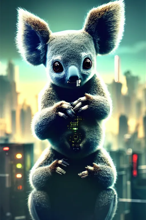 Prompt: high quality 3 d render very cute cyborg koala! cyberpunk highly detailed, unreal engine cinematic smooth, in the style of blade runner & detective pikachu, hannah yata charlie immer, moody light, low angle, uhd 8 k, sharp focus