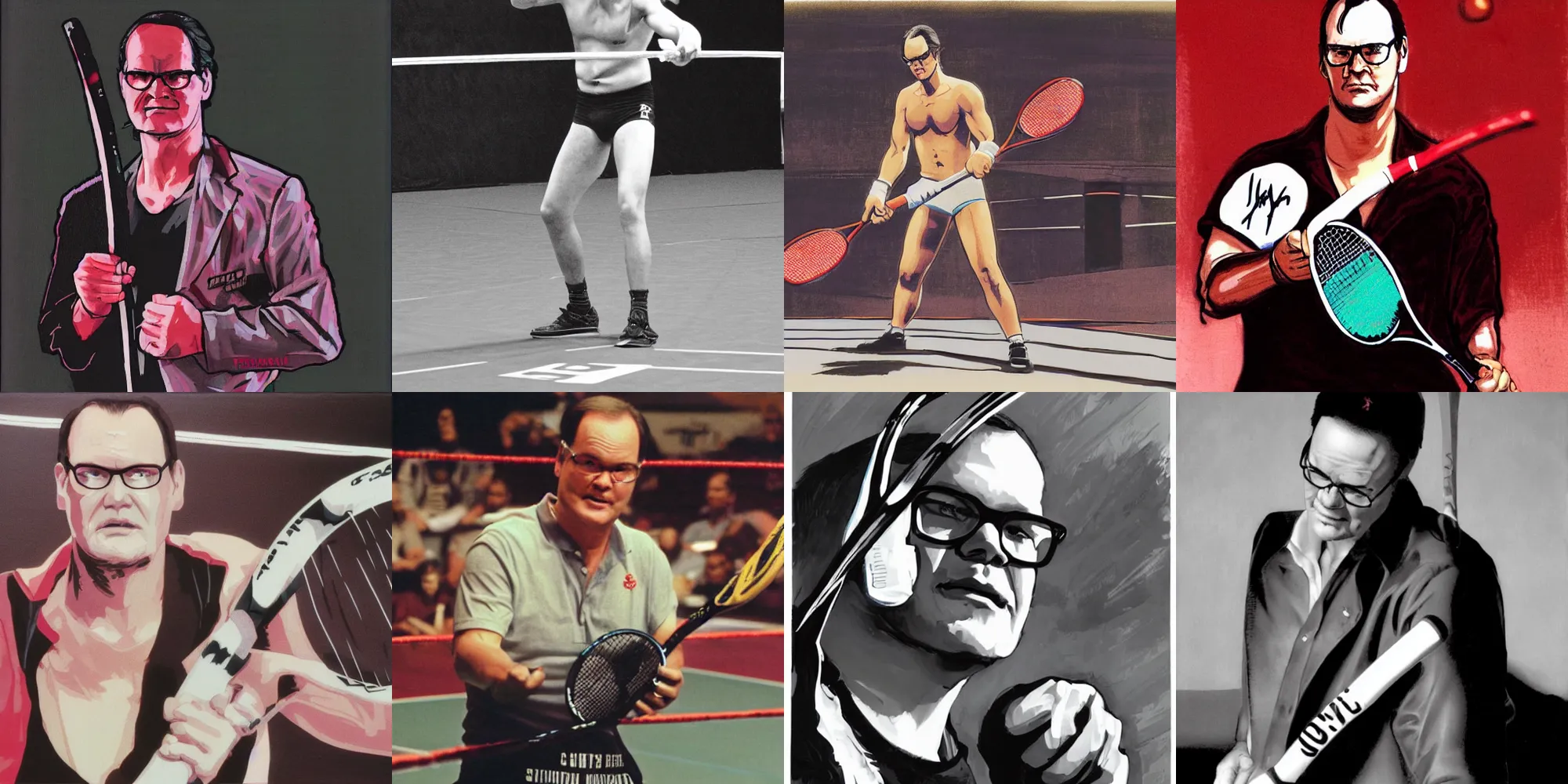 Prompt: jim cornette holding a tennis racket outside a wrestling ring, intimidating, intense, thought provoking, masterpiece, smooth, highly detailed, by yoji shinkawa