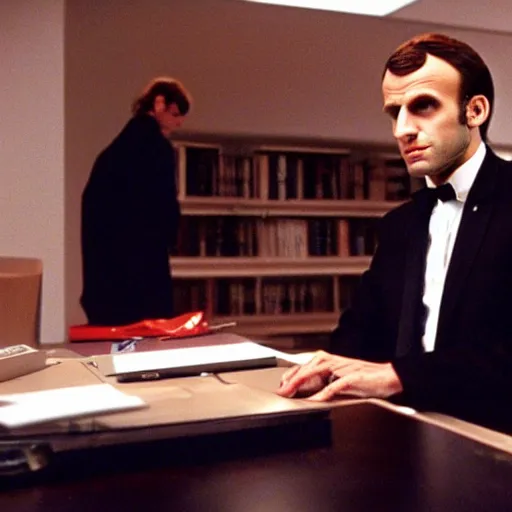 Image similar to Emmanuel Macron computering in American Psycho (1999)