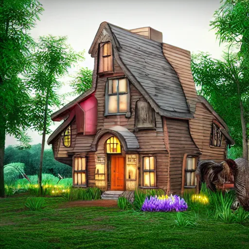 Image similar to funny house, 3d, rendering, realistic, forest, pixar and disney style