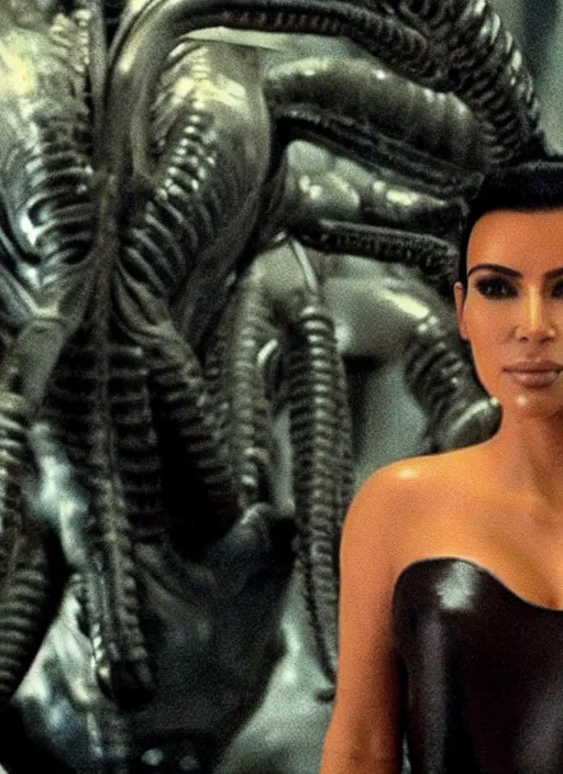 Prompt: movie still of kim kardashian wearing a alien facehugger mask, in the movie alien. cinematic full shot.