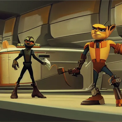 Image similar to ralph mcquarrie concept art for ratchet & clank, matte scene