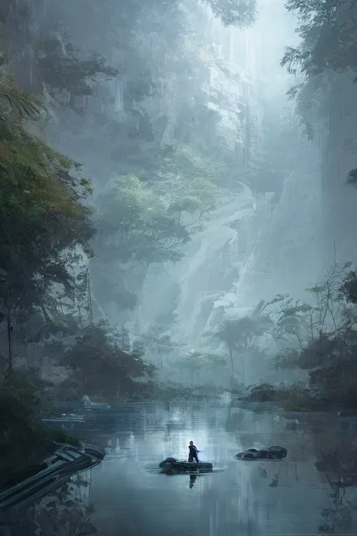 Prompt: magnificent clean and well-lit sci-fi facility by a river and forest, intricate, elegant, volumetric lighting, digital painting, highly detailed, artstation, sharp focus, happy mood, illustration, concept art, ruan jia, steve mccurry