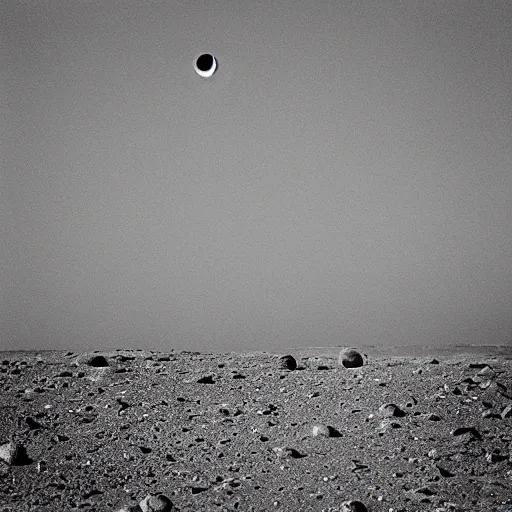 Image similar to “ lunar landscape, earth in distance photograph in high quality black and white lens 2 8 mm looking to horizon ”