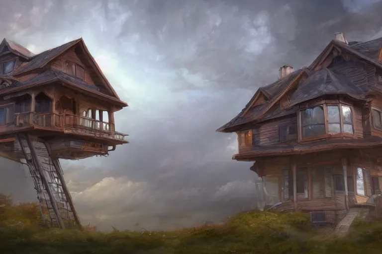 Prompt: A hyperdetailed digital oil painting of a house in the clouds,ladder, unreal engine by Nicholas Safronov, Trending on ArtStation and DeviantArt