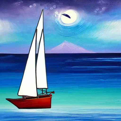 Prompt: a painting of a sailboat floating in the ocean, an ultrafine detailed painting by alice mason, shutterstock contest winner, metaphysical painting, detailed painting, airbrush art, made of crystals