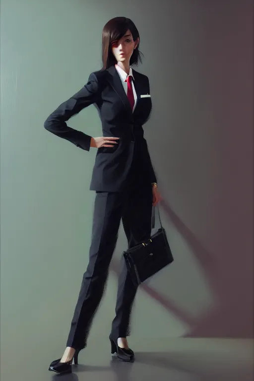 Image similar to a ultradetailed beautiful panting of a stylish woman wearing a formal suit with a tie, oil painting, by ilya kuvshinov, greg rutkowski and makoto shinkai, trending on artstation