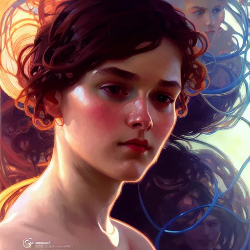 Image similar to Portrait of girl surrounded by floating nodes, face, fantasy, intricate, elegant, highly detailed, digital painting, artstation, concept art, smooth, sharp focus, illustration, art by Greg Manchess and Fernanda Suarez and Artem Demura and alphonse mucha