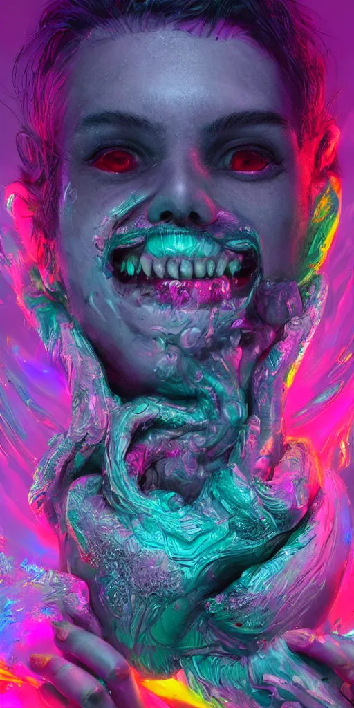 Image similar to impossibly beautiful portrait, dapper dream demon, bad trip, insane smile, intricate complexity, surreal horror, inverted neon rainbow drip paint, trending on art station, photoreal, 8 k, octane render by greg rutkowski