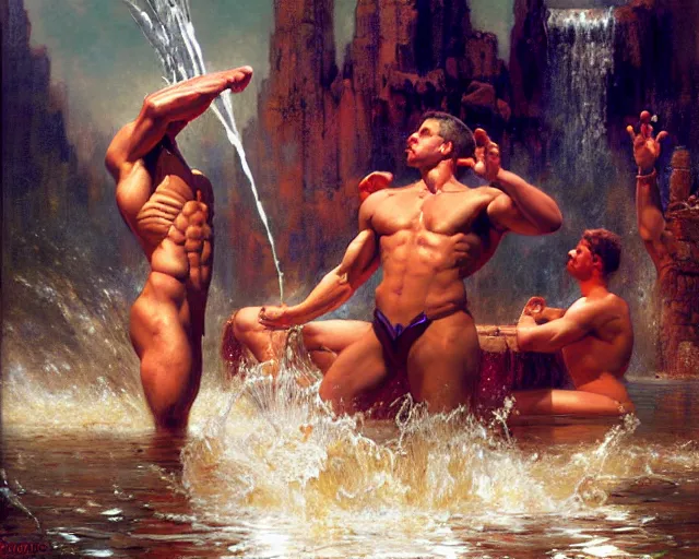 Image similar to muscular magician man, casting water magic. highly detailed glossy matte oil painting by gaston bussiere, craig mullins, j. c. leyendecker, tom of finland