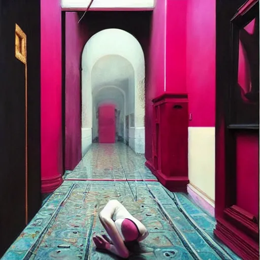 Image similar to diego dayer, alex gross, hyperrealistic surrealism, award winning masterpiece with incredible details, a surreal vaporwave painting of bright pink door leading to nowhere, mirrors everywhere, highly detailed, hallway with black and white checkered floor, intricate, elegant
